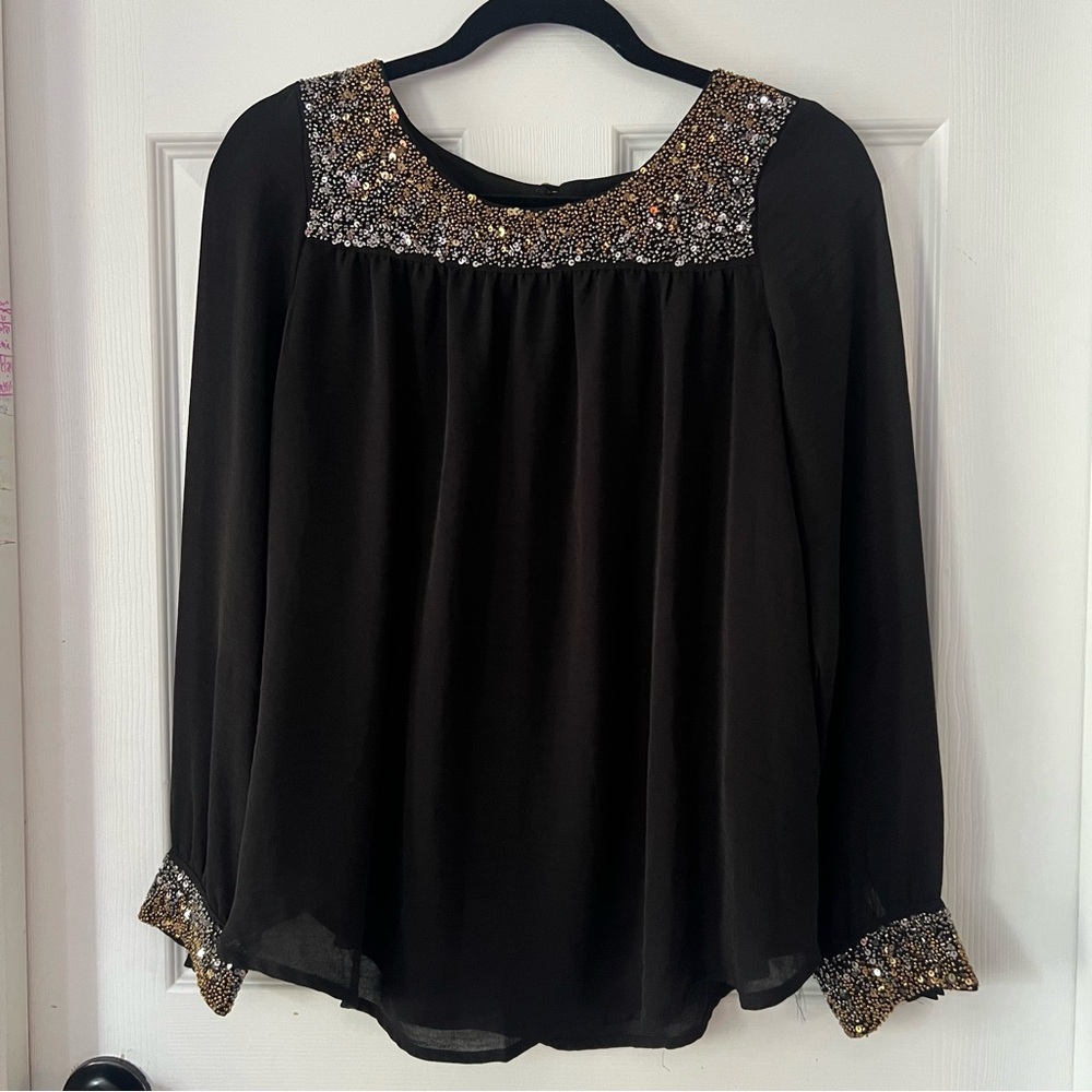 H&M Black Maternity Blouse with Gold and Silver Beaded Accents
